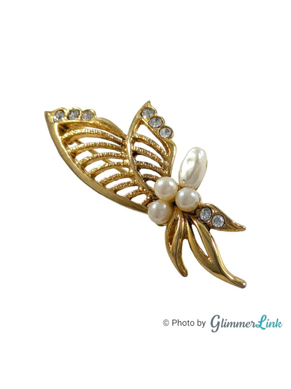 Vintage Openwork Leaf Faux Pearl Rhinestone Gold Tone Brooch